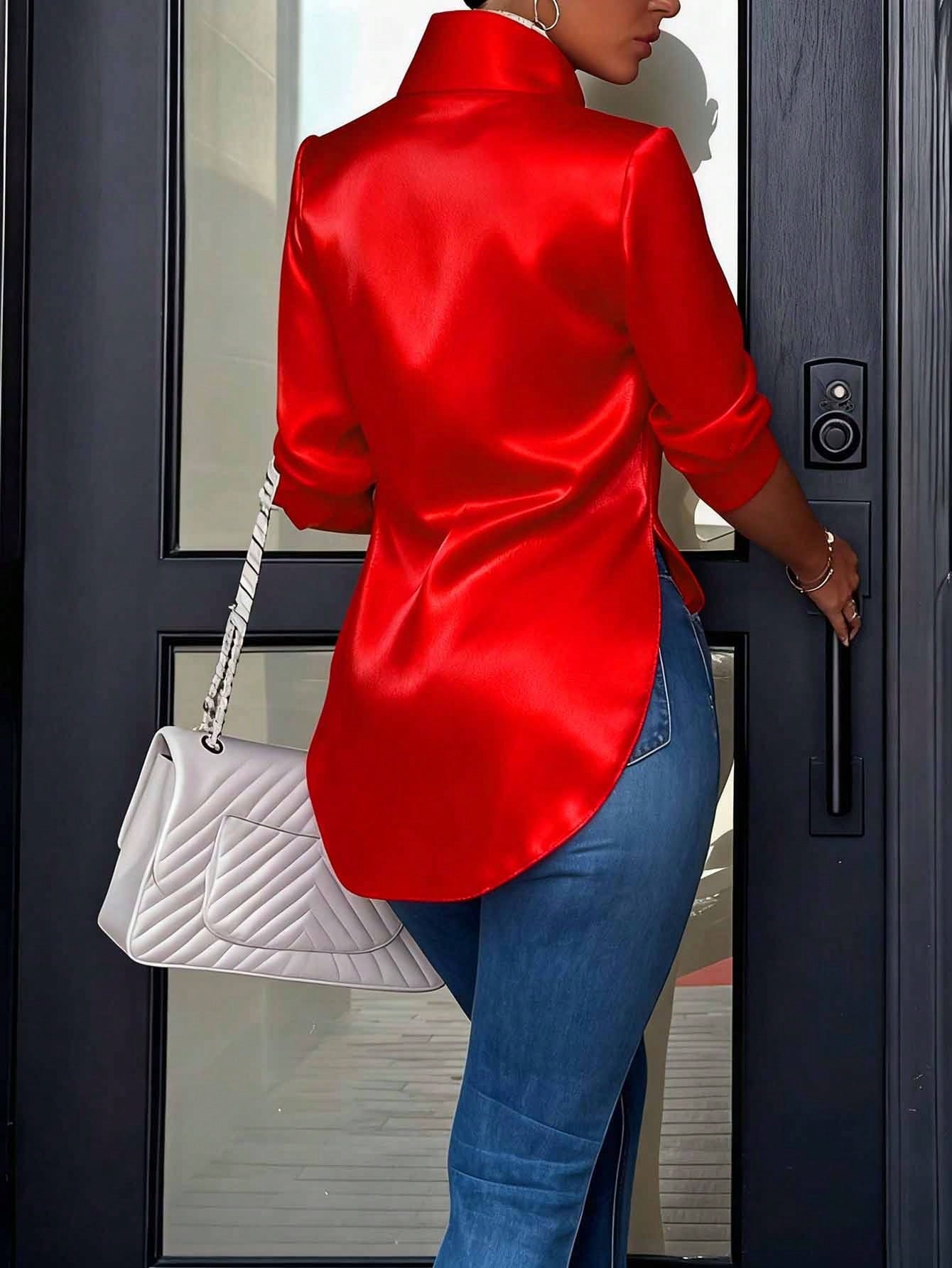 Blusa Elegante de Manga Longa com Decote em Cetim, Fenda Lateral e Drapeado, Primavera