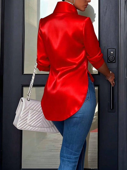 Blusa Elegante de Manga Longa com Decote em Cetim, Fenda Lateral e Drapeado, Primavera