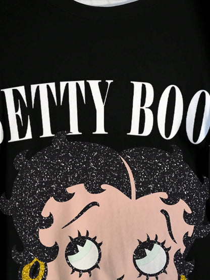 Betty Boop Camiseta Solta com Estampa de Personagem de Desenho Animado e Letra, Moda Casual Diária e de Rua para Mulheres Plus Size, Verão