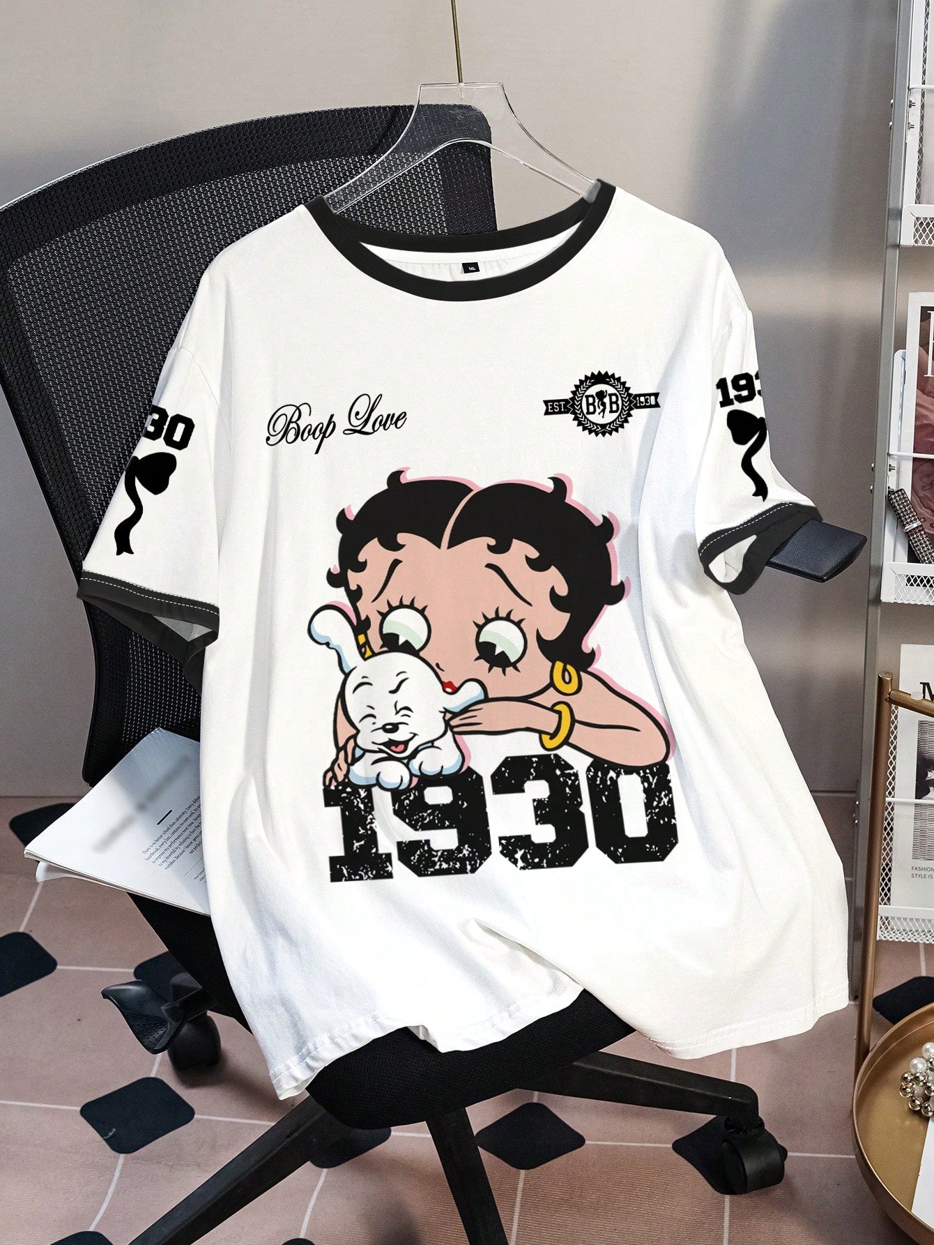 Betty Boop Camiseta Solta com Estampa de Personagem de Desenho Animado e Letra, Moda Casual Diária e de Rua para Mulheres Plus Size, Verão