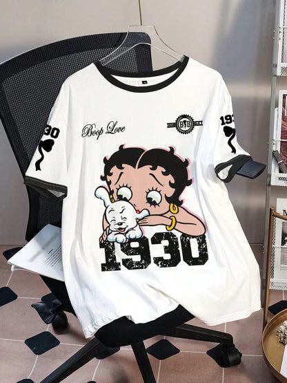 Betty Boop Camiseta Solta com Estampa de Personagem de Desenho Animado e Letra, Moda Casual Diária e de Rua para Mulheres Plus Size, Verão