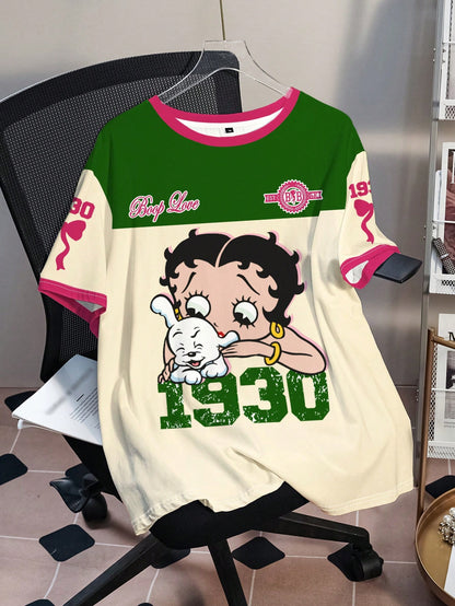 Betty Boop Camiseta Solta com Estampa de Personagem de Desenho Animado e Letra, Moda Casual Diária e de Rua para Mulheres Plus Size, Verão