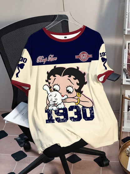 Betty Boop Camiseta Solta com Estampa de Personagem de Desenho Animado e Letra, Moda Casual Diária e de Rua para Mulheres Plus Size, Verão