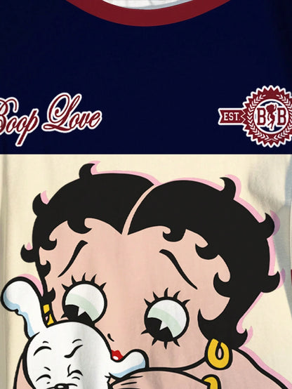 Betty Boop Camiseta Solta com Estampa de Personagem de Desenho Animado e Letra, Moda Casual Diária e de Rua para Mulheres Plus Size, Verão