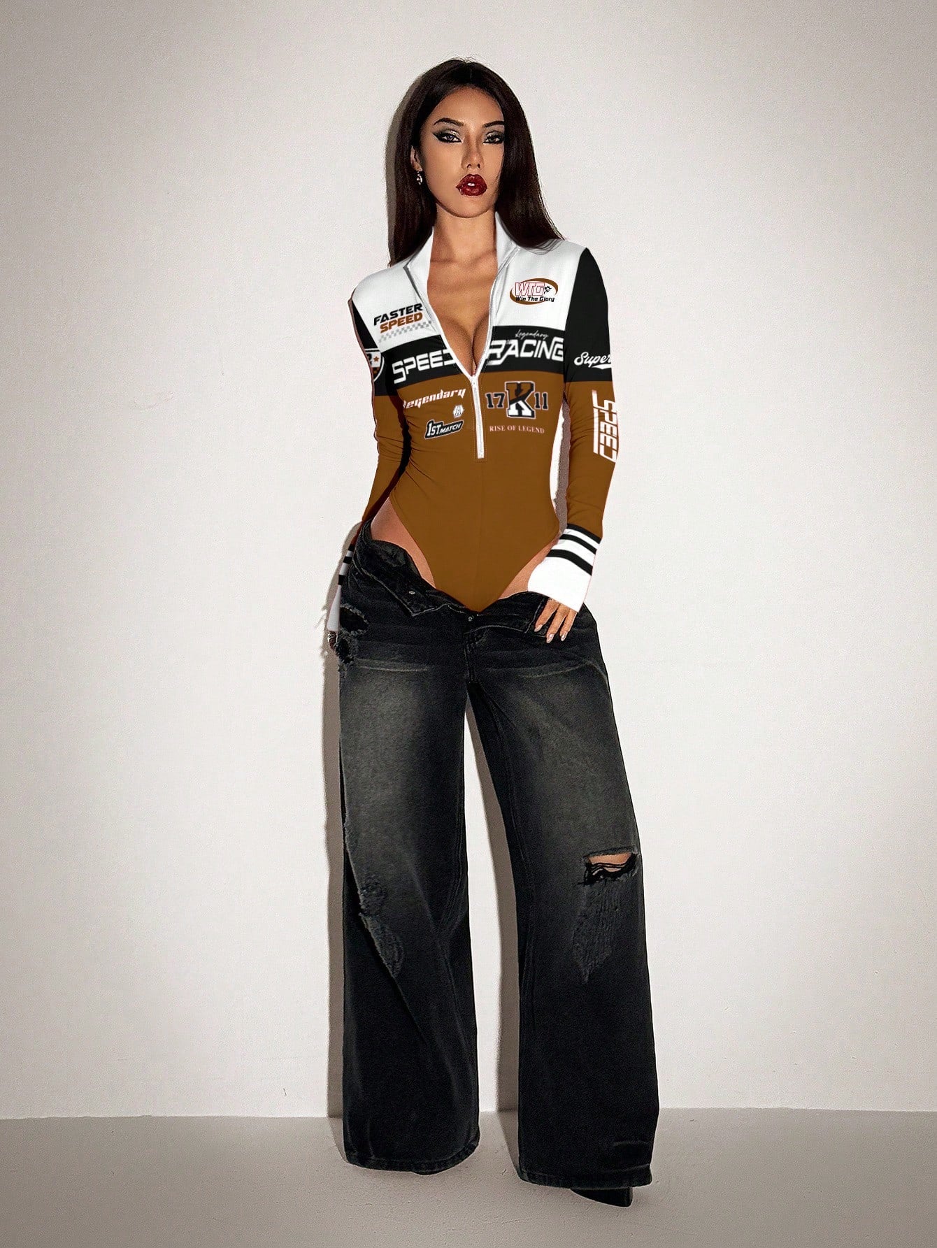  Bodysuit de Manga Longa com Zíper e Estampa Feminina