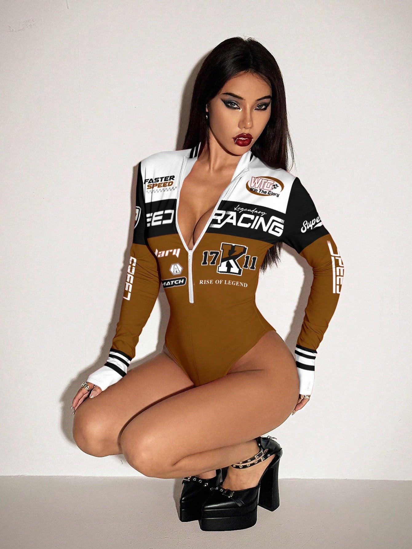  Bodysuit de Manga Longa com Zíper e Estampa Feminina