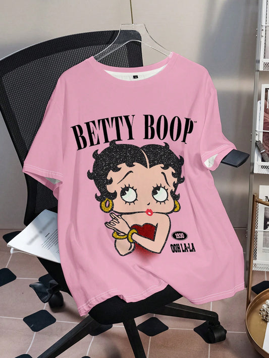 Betty Boop Camiseta Solta com Estampa de Personagem de Desenho Animado e Letra, Moda Casual Diária e de Rua para Mulheres Plus Size, Verão