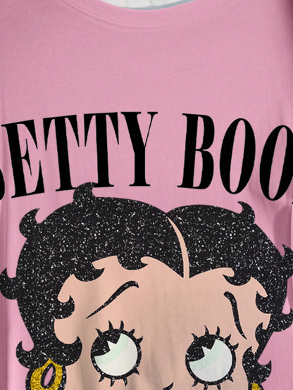 Betty Boop Camiseta Solta com Estampa de Personagem de Desenho Animado e Letra, Moda Casual Diária e de Rua para Mulheres Plus Size, Verão