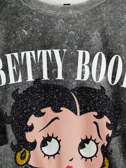 Betty Boop Camiseta Solta com Estampa de Personagem de Desenho Animado e Letra, Moda Casual Diária e de Rua para Mulheres Plus Size, Verão