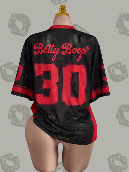 Betty Boop x SHEIN Camiseta Casual de Manga Curta com Decote em V e Estampa de Desenho Animado, Plus Size, Verão
