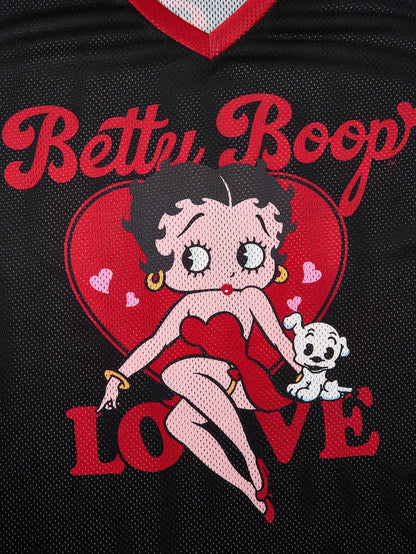 Betty Boop x SHEIN Camiseta Casual de Manga Curta com Decote em V e Estampa de Desenho Animado, Plus Size, Verão