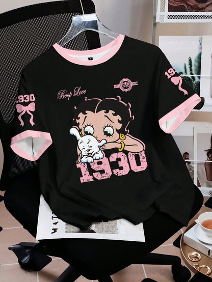 Betty Boop Camiseta Casual Feminina de Manga Curta com Gola Redonda e Estampa Cartoon com Recorte Contrastante, Verão