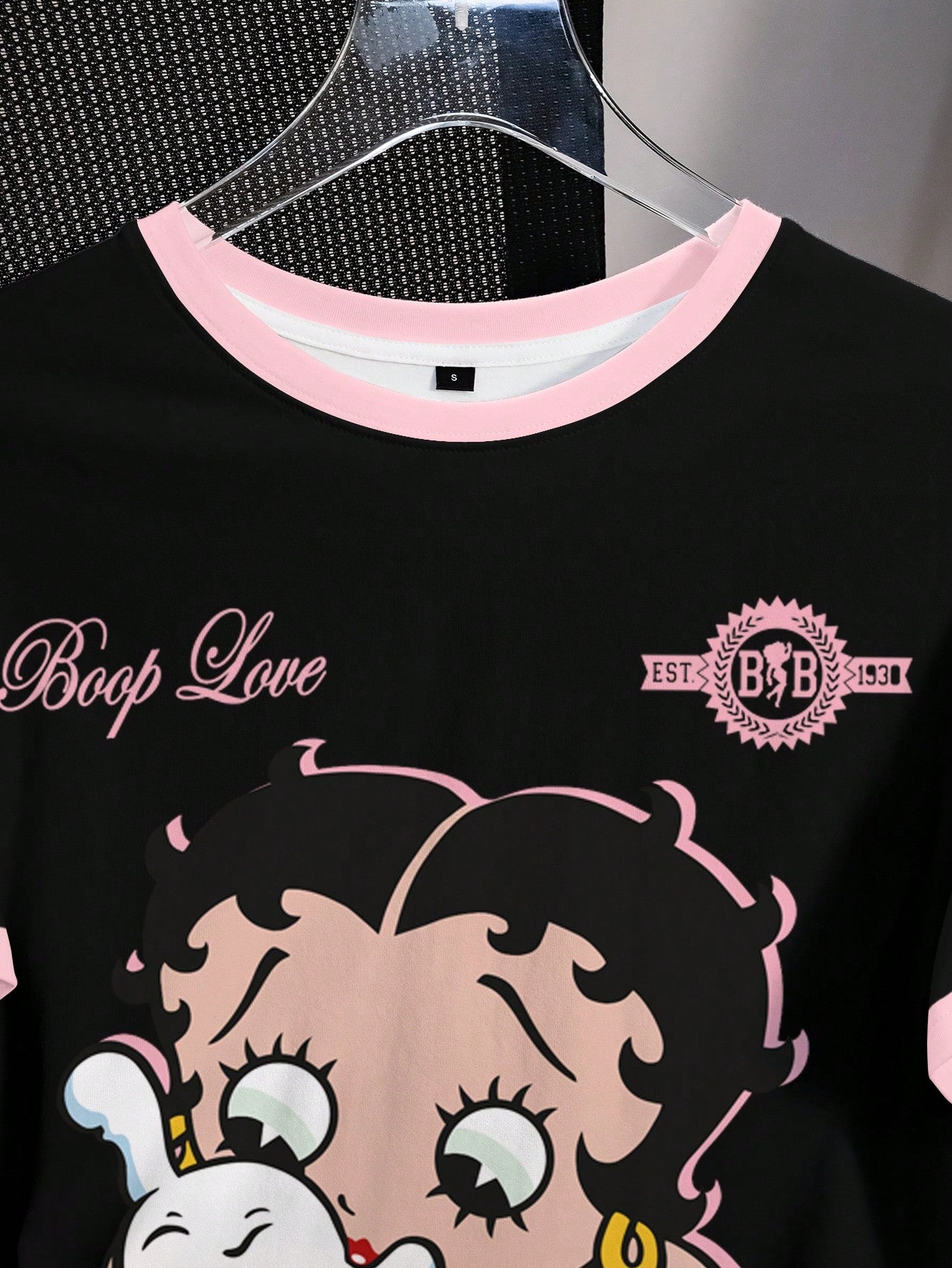 Betty Boop Camiseta Casual Feminina de Manga Curta com Gola Redonda e Estampa Cartoon com Recorte Contrastante, Verão