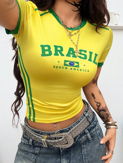 Coolane Regata Estilo Streetwear Plus Size Feminina para Primavera/Verão com Design de Camisa de Basquete Impressão de Letras Amarela para o Brasil