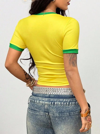 Coolane Regata Estilo Streetwear Plus Size Feminina para Primavera/Verão com Design de Camisa de Basquete Impressão de Letras Amarela para o Brasil