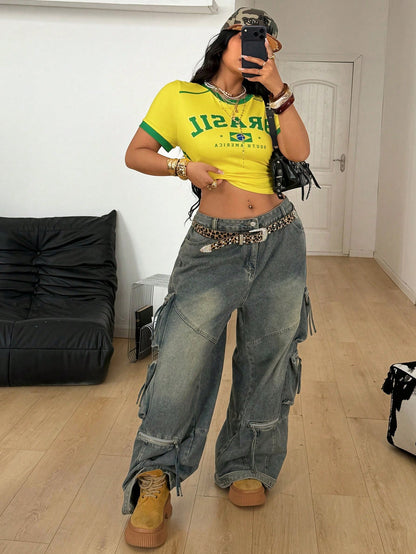 Coolane Regata Estilo Streetwear Plus Size Feminina para Primavera/Verão com Design de Camisa de Basquete Impressão de Letras Amarela para o Brasil