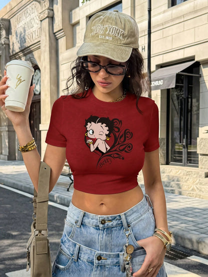 Betty Boop Camiseta de Manga Curta com Estampa de Personagem de Desenho Animado, Floral e Letra, Casual para o Dia a Dia e Transporte, Verão