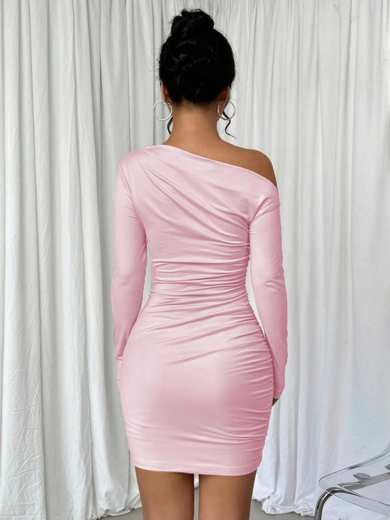 Elenzga Vestido Longo de Manga Longa Assimétrico Franzido de Cor Sólida para Mulheres