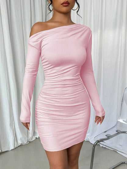 Elenzga Vestido Longo de Manga Longa Assimétrico Franzido de Cor Sólida para Mulheres