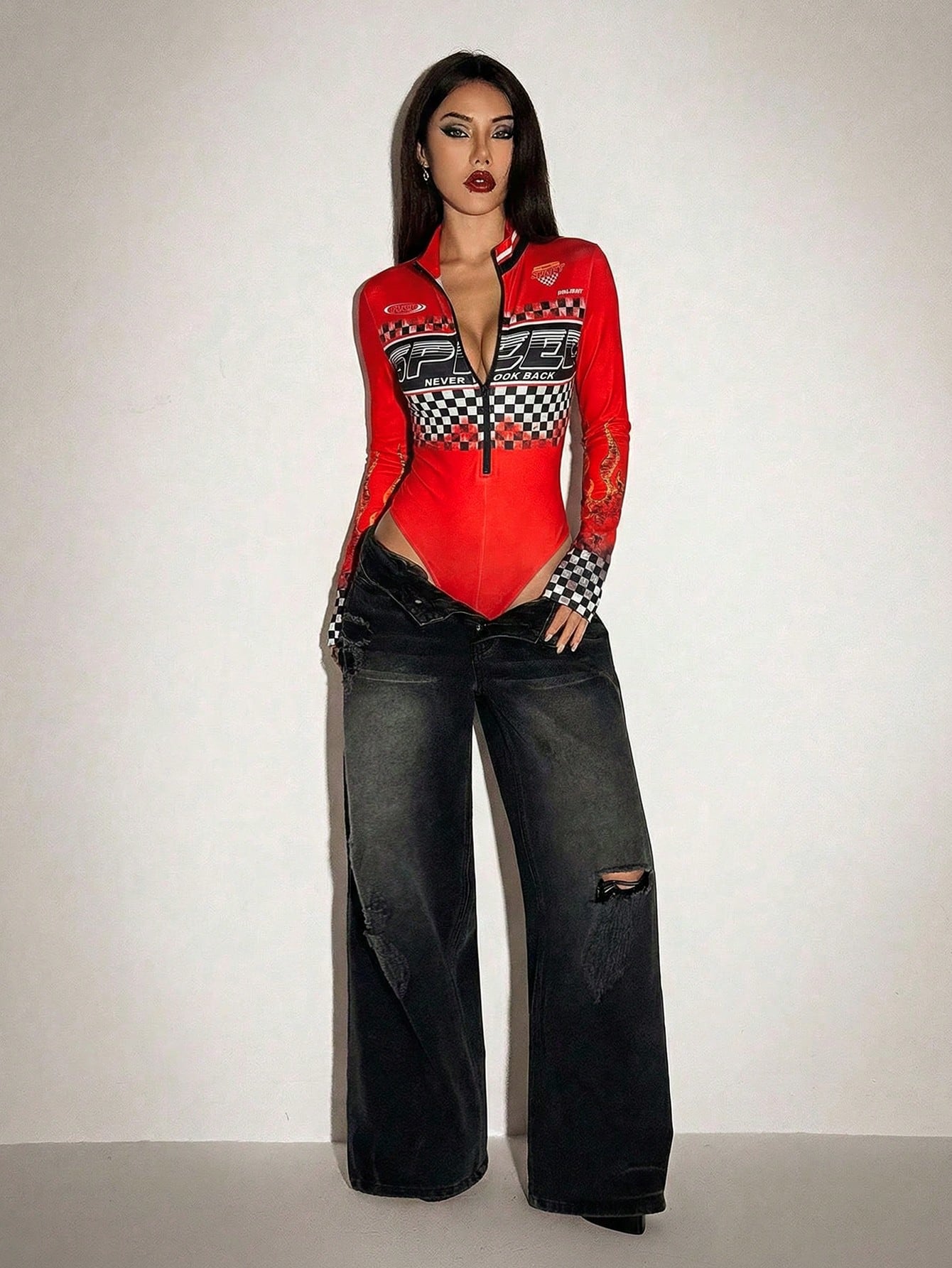  Bodysuit de Manga Longa com Zíper e Estampa Feminina