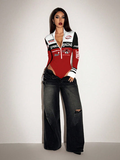  Bodysuit de Manga Longa com Zíper e Estampa Feminina