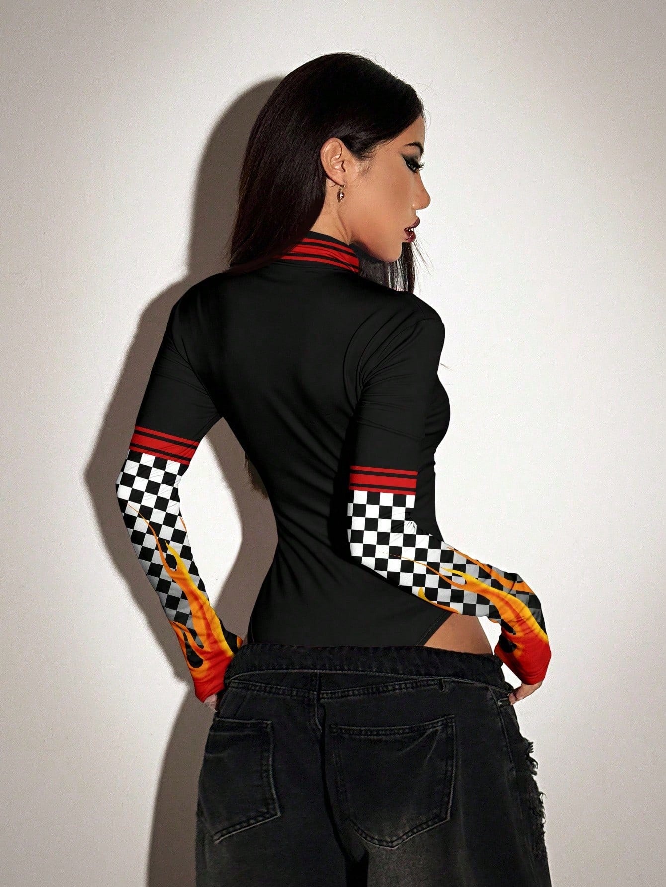 ICON Bodysuit Feminino de Cor Sólida com Zíper na Frente, Manga Longa Fashionable