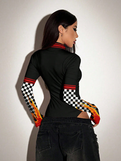 ICON Bodysuit Feminino de Cor Sólida com Zíper na Frente, Manga Longa Fashionable