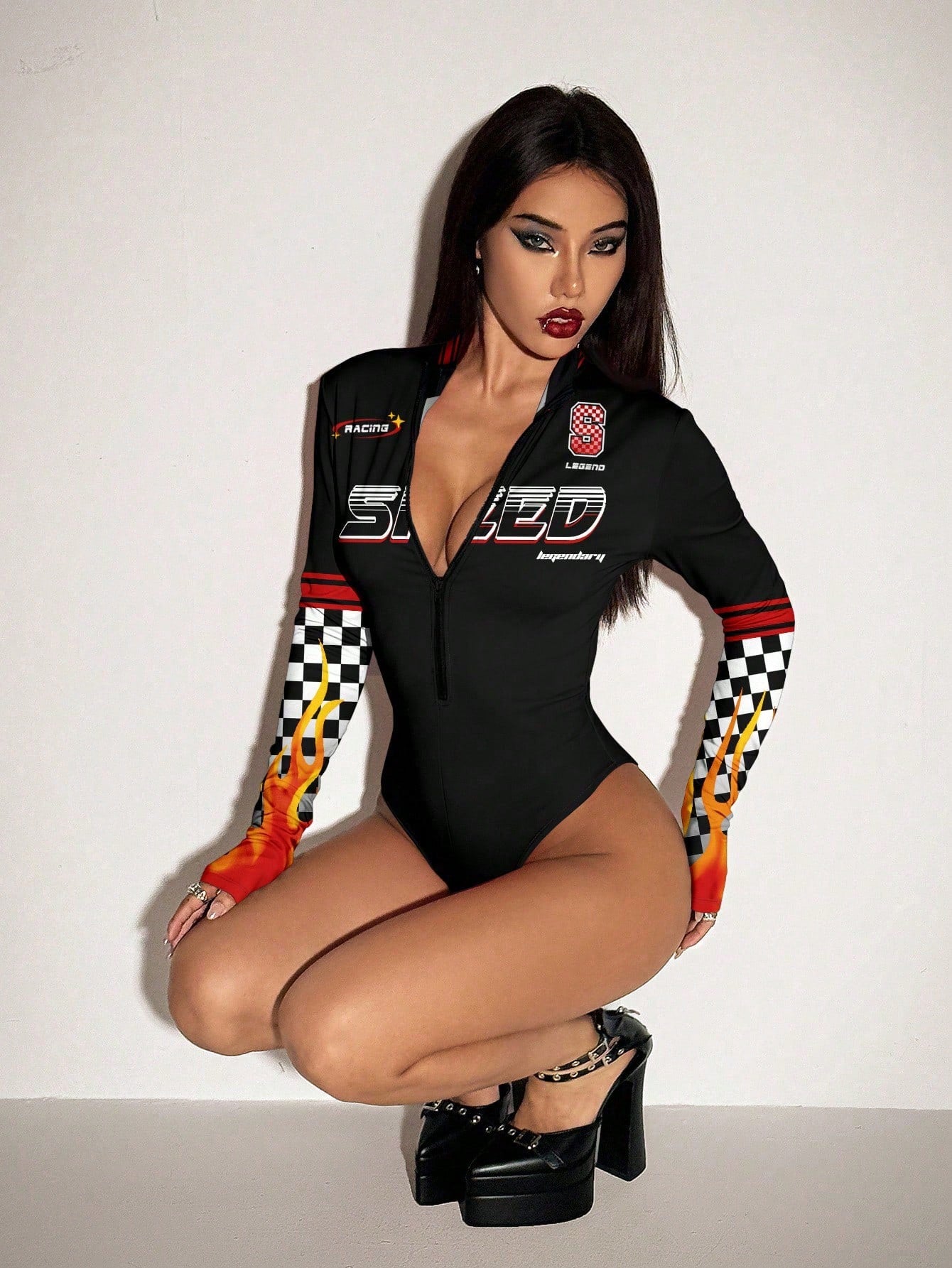 ICON Bodysuit Feminino de Cor Sólida com Zíper na Frente, Manga Longa Fashionable