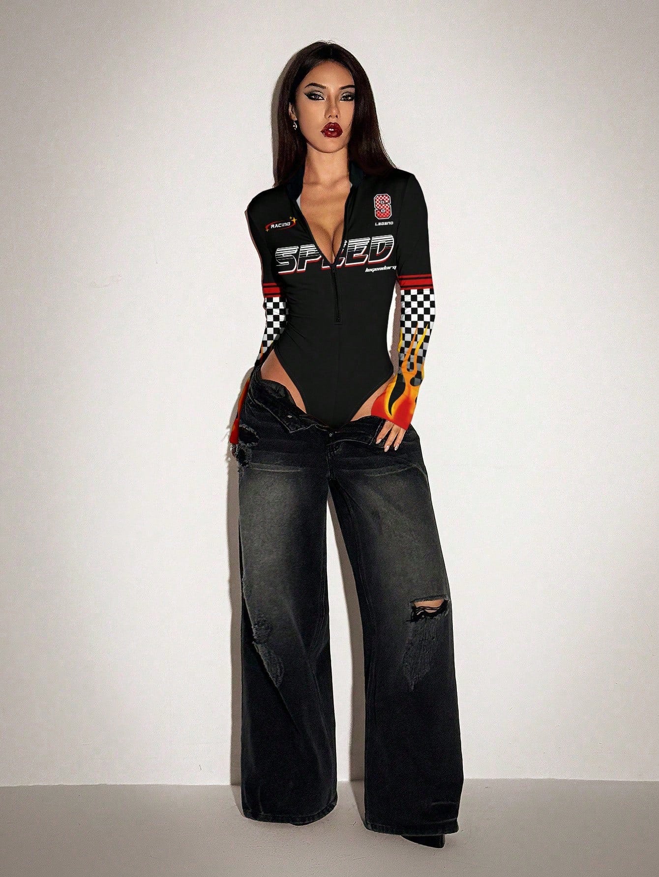 ICON Bodysuit Feminino de Cor Sólida com Zíper na Frente, Manga Longa Fashionable