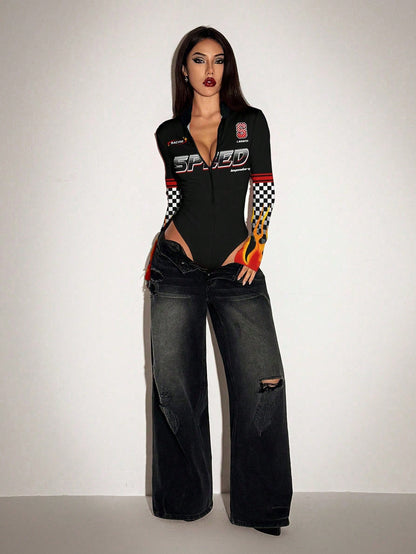 ICON Bodysuit Feminino de Cor Sólida com Zíper na Frente, Manga Longa Fashionable