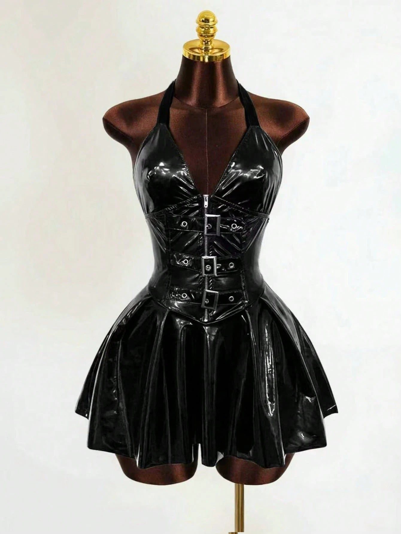 Vestido de Couro Sintético PU de Couro Sintético com Decote em V Reforçado, Comprimento Total, com Capuz, Costas Abertas, Decote Baixo, Cintura Ajustada e Saia Larga