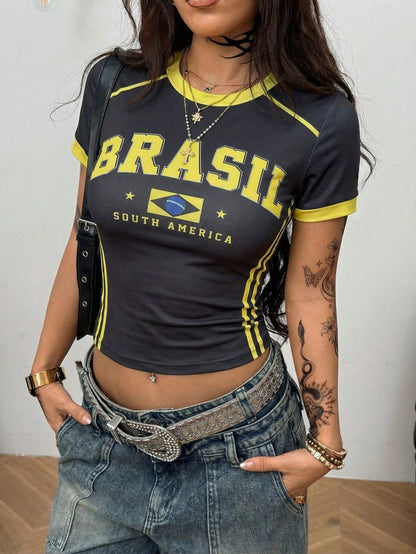 Coolane Regata Estilo Streetwear Plus Size Feminina para Primavera/Verão com Design de Camisa de Basquete Impressão de Letras Amarela para o Brasil