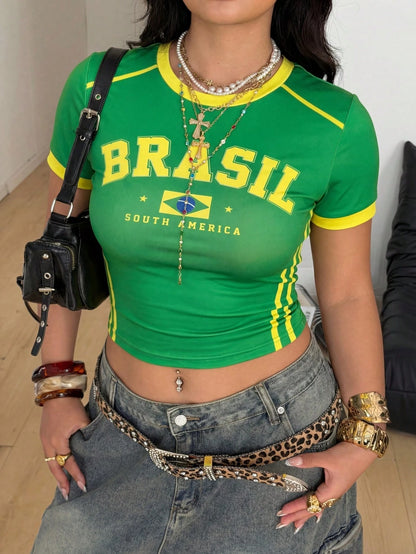 Coolane Regata Estilo Streetwear Plus Size Feminina para Primavera/Verão com Design de Camisa de Basquete Impressão de Letras Amarela para o Brasil