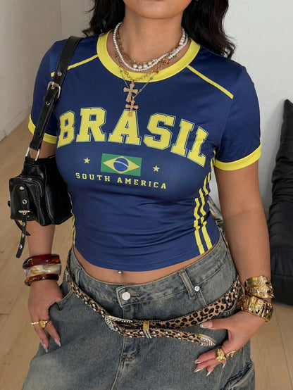 Coolane Regata Estilo Streetwear Plus Size Feminina para Primavera/Verão com Design de Camisa de Basquete Impressão de Letras Amarela para o Brasil
