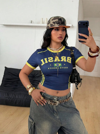 Coolane Regata Estilo Streetwear Plus Size Feminina para Primavera/Verão com Design de Camisa de Basquete Impressão de Letras Amarela para o Brasil
