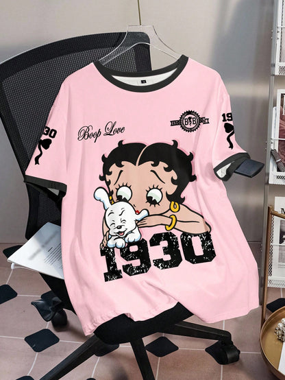 Betty Boop Camiseta Solta com Estampa de Personagem de Desenho Animado e Letra, Moda Casual Diária e de Rua para Mulheres Plus Size, Verão