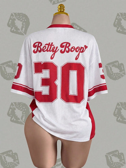 Betty Boop x SHEIN Camiseta Casual de Manga Curta com Decote em V e Estampa de Desenho Animado, Plus Size, Verão