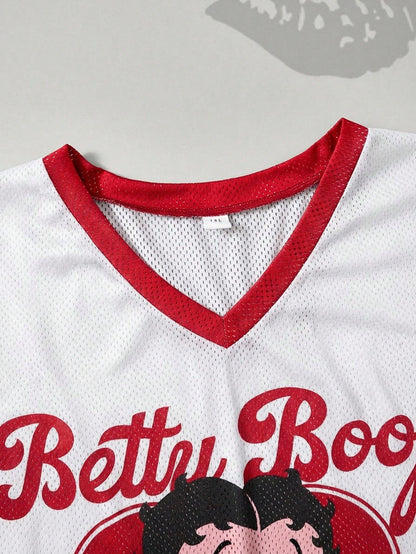 Betty Boop x SHEIN Camiseta Casual de Manga Curta com Decote em V e Estampa de Desenho Animado, Plus Size, Verão