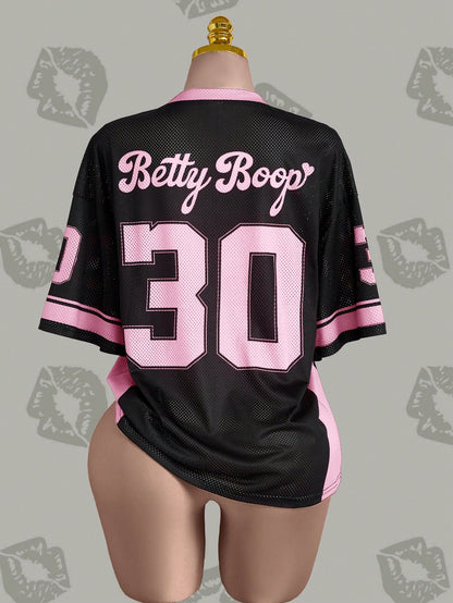Betty Boop x SHEIN Camiseta Casual de Manga Curta com Decote em V e Estampa de Desenho Animado, Plus Size, Verão