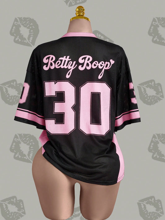 Betty Boop x SHEIN Camiseta Casual de Manga Curta com Decote em V e Estampa de Desenho Animado, Plus Size, Verão