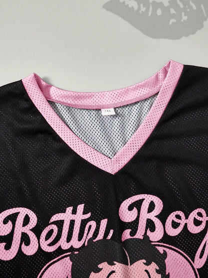 Betty Boop x SHEIN Camiseta Casual de Manga Curta com Decote em V e Estampa de Desenho Animado, Plus Size, Verão