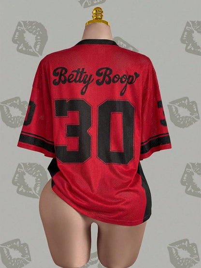 Betty Boop x SHEIN Camiseta Casual de Manga Curta com Decote em V e Estampa de Desenho Animado, Plus Size, Verão