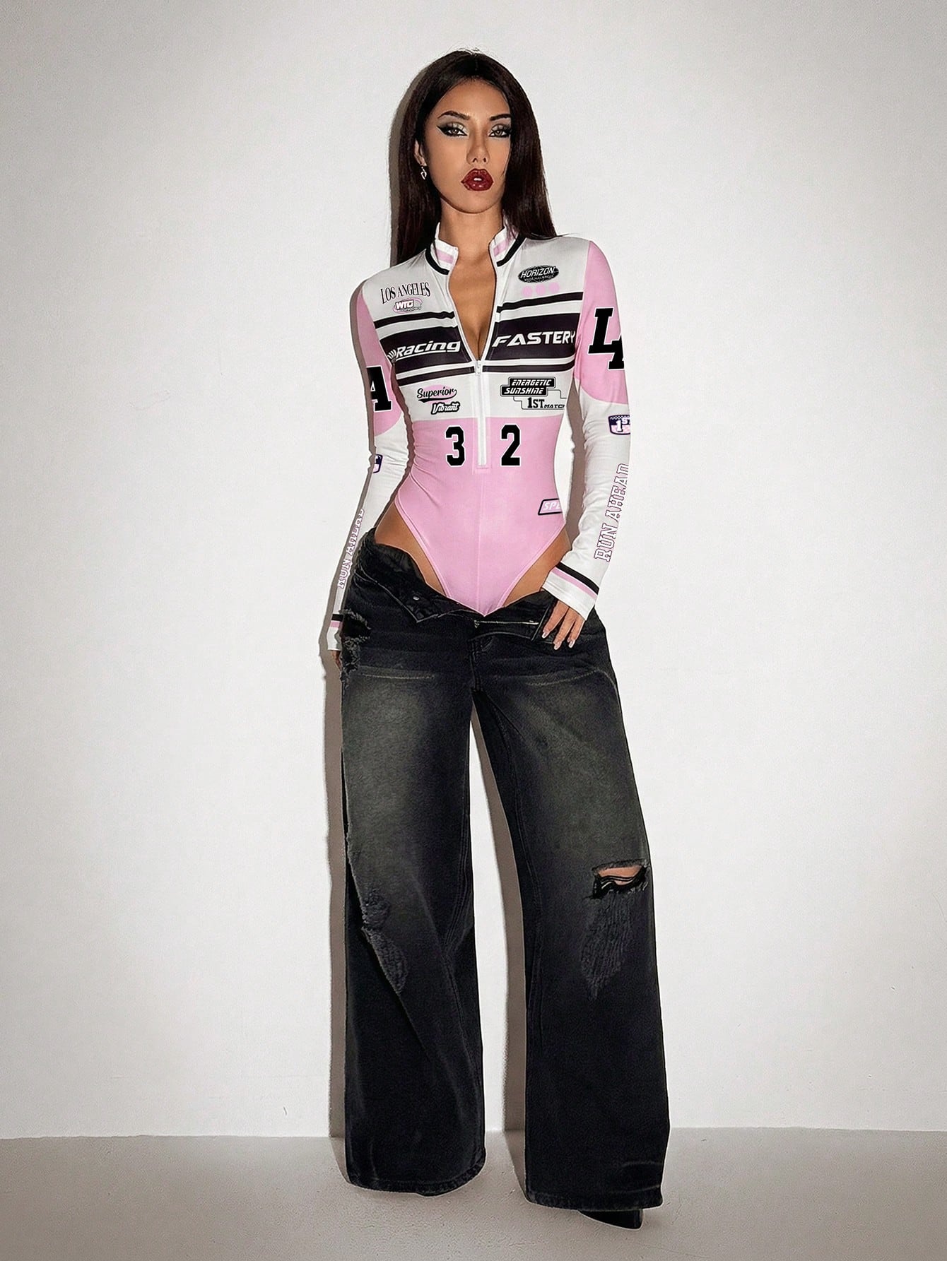 ICON Bodysuit Feminino de Cor Sólida com Zíper na Frente, Manga Longa Fashionable