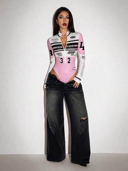 ICON Bodysuit Feminino de Cor Sólida com Zíper na Frente, Manga Longa Fashionable