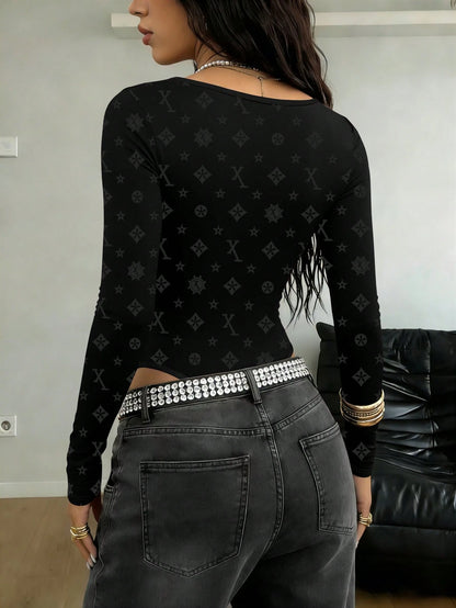 SHEIN Bodysuit Feminino de Manga Longa com Recorte Colorido e Decote em V Ajustado
