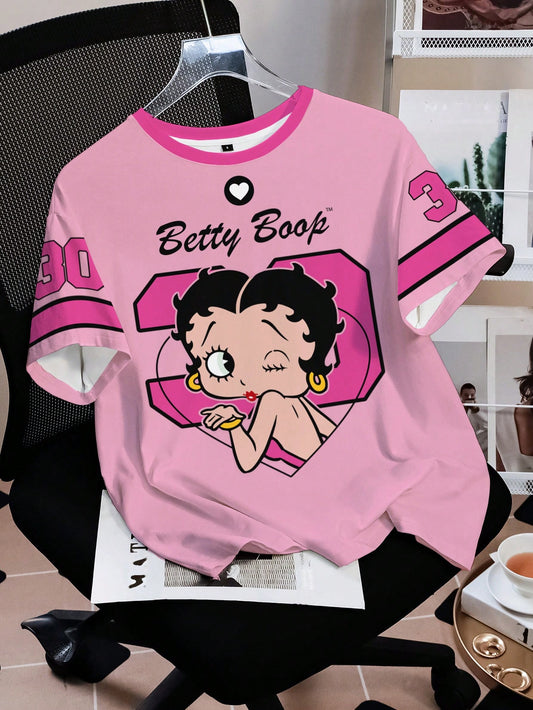 Betty Boop x SHEIN Camiseta Casual Feminina de Manga Curta com Gola Redonda, Estampa Cartoon Colorblock, Verão