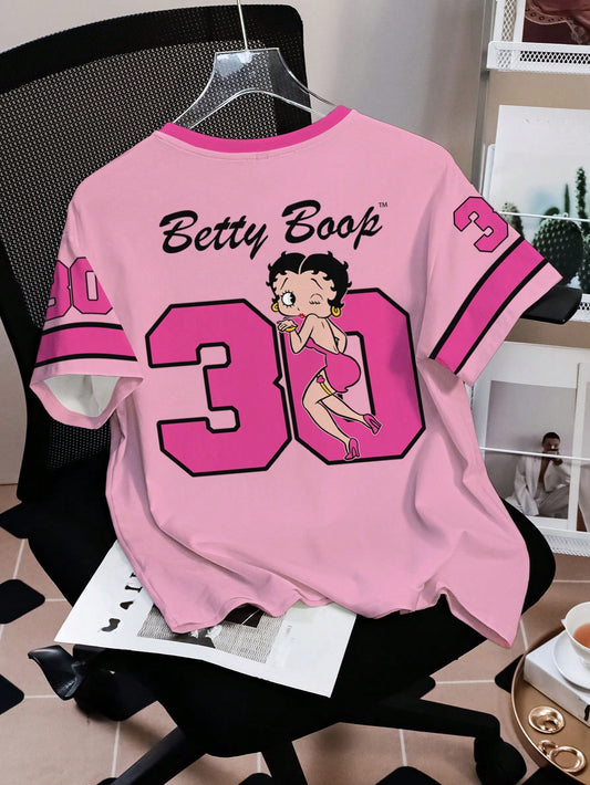 Betty Boop x SHEIN Camiseta Casual Feminina de Manga Curta com Gola Redonda, Estampa Cartoon Colorblock, Verão