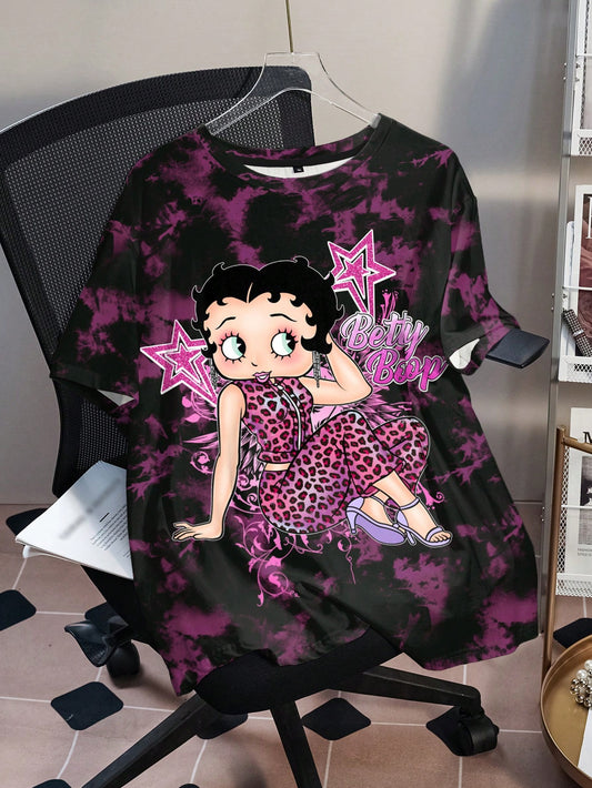 Betty Boop Camiseta de Manga Curta com Estampa de Leopardo, Personagem de Desenho Animado, Estrela, Letra e Tie-Dye, Casual de Verão para Uso Diário e Passeio, Moda de Rua, Tamanhos Grandes para Mulheres