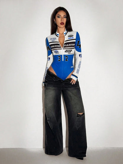 ICON Bodysuit Feminino de Cor Sólida com Zíper na Frente, Manga Longa Fashionable