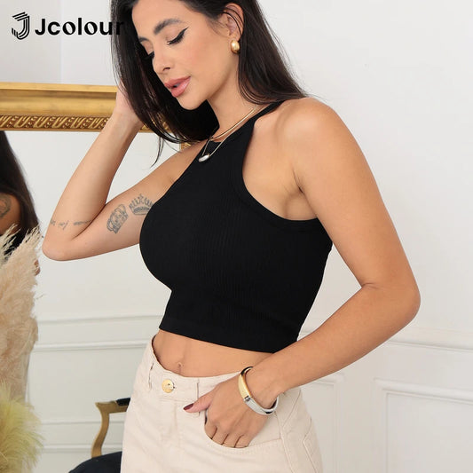 Blusa feminina sem mangas，Colete curto ajustado，Regata curta casual de verão，Cropped canelado，Regata de gola alta sexy